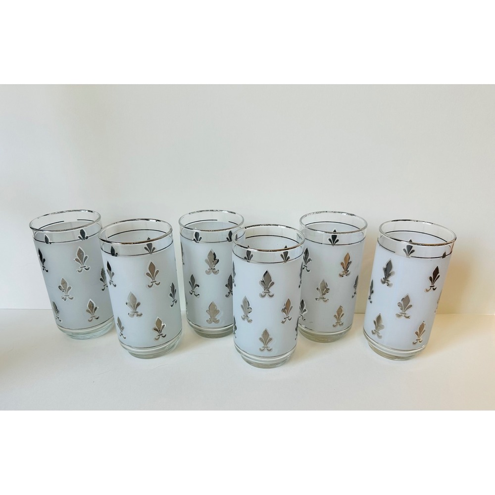 Vintage Frosted Silver Fleur De Lis Highball Glasses Set of 6 Mid Century Modern